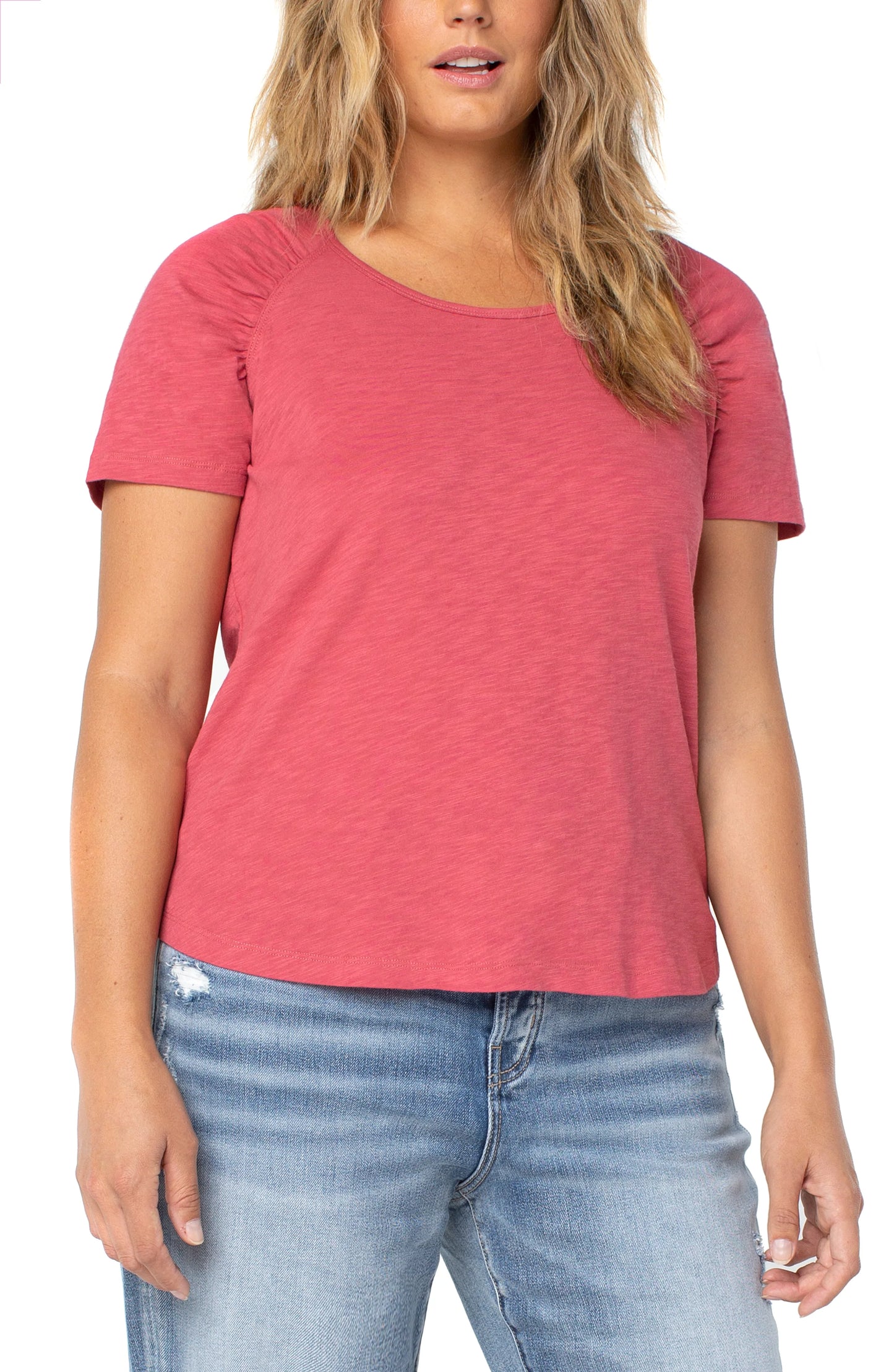 SHIRRED SHORT SLEEVE SLUB KNIT TEE