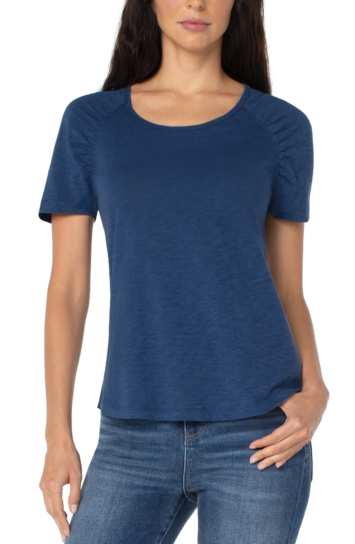 SHIRRED SHORT SLEEVE SLUB KNIT TEE