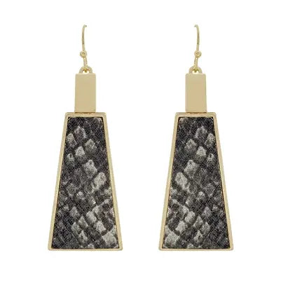 Snake Print Leather and Gold Triangle 2" Earrings