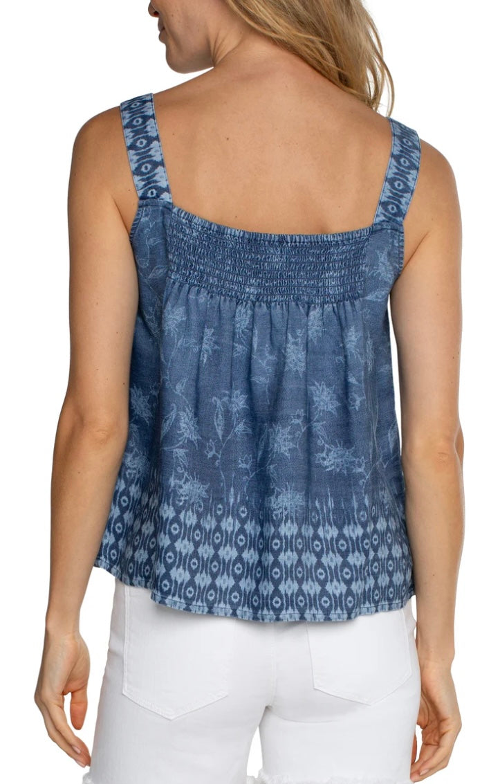 Indigo sleeveless v neck easy fit tank with smocking