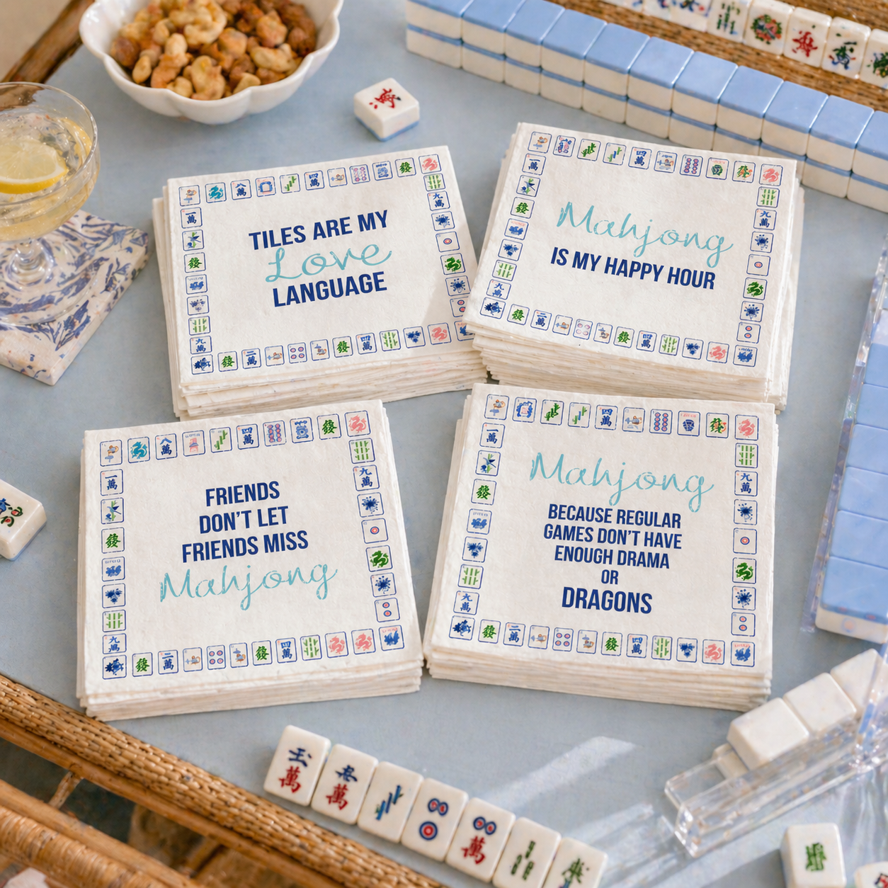 Linen-Feel Cocktail Napkins, Mahjong Assorted