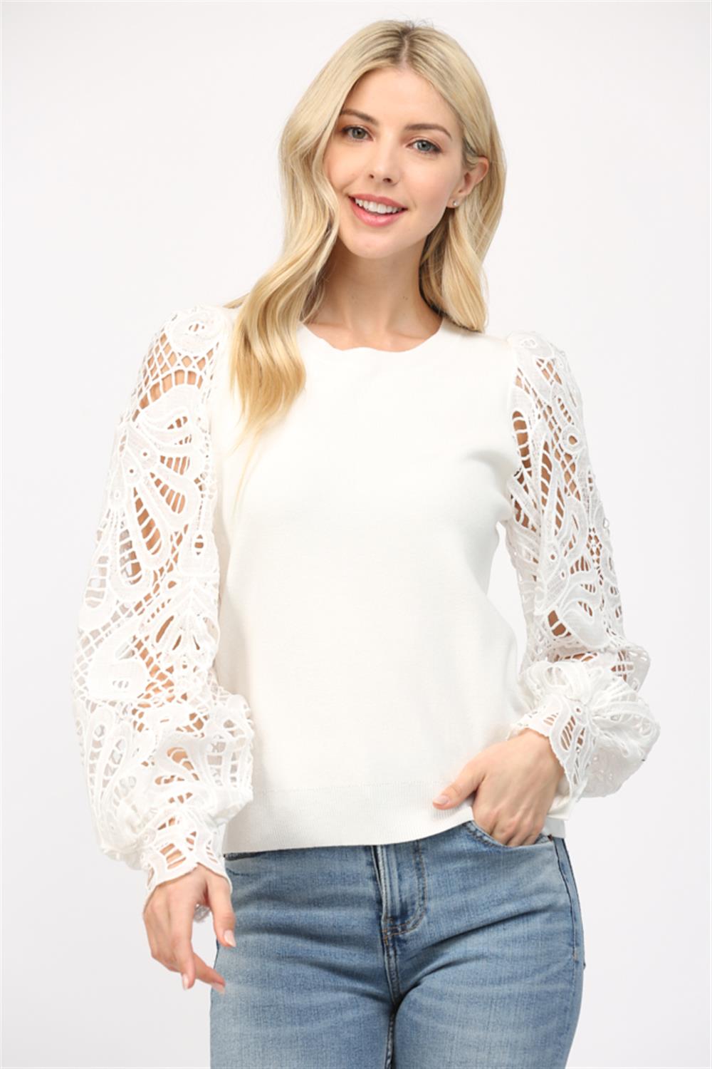 White Sweater with Broderie Sleeve