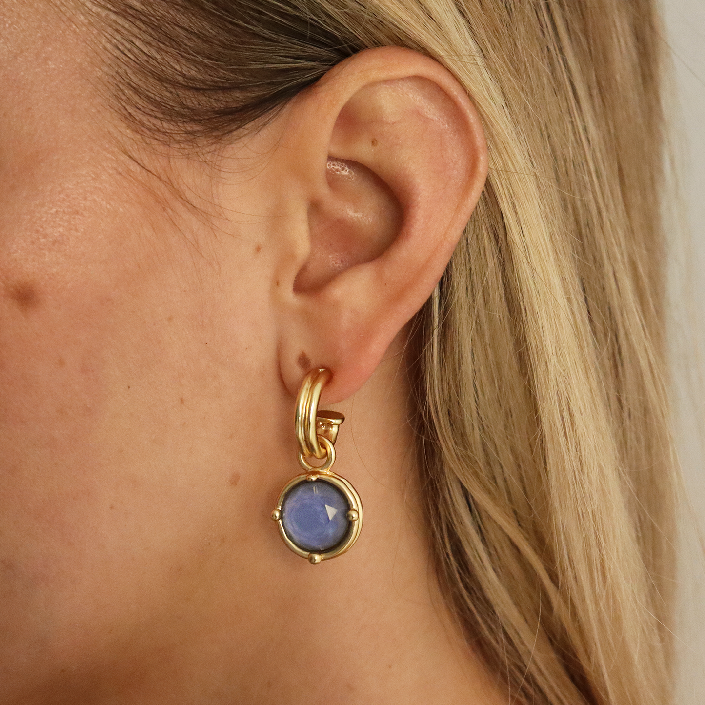 Double-Rim Blue Gem Charm Hoop Earrings