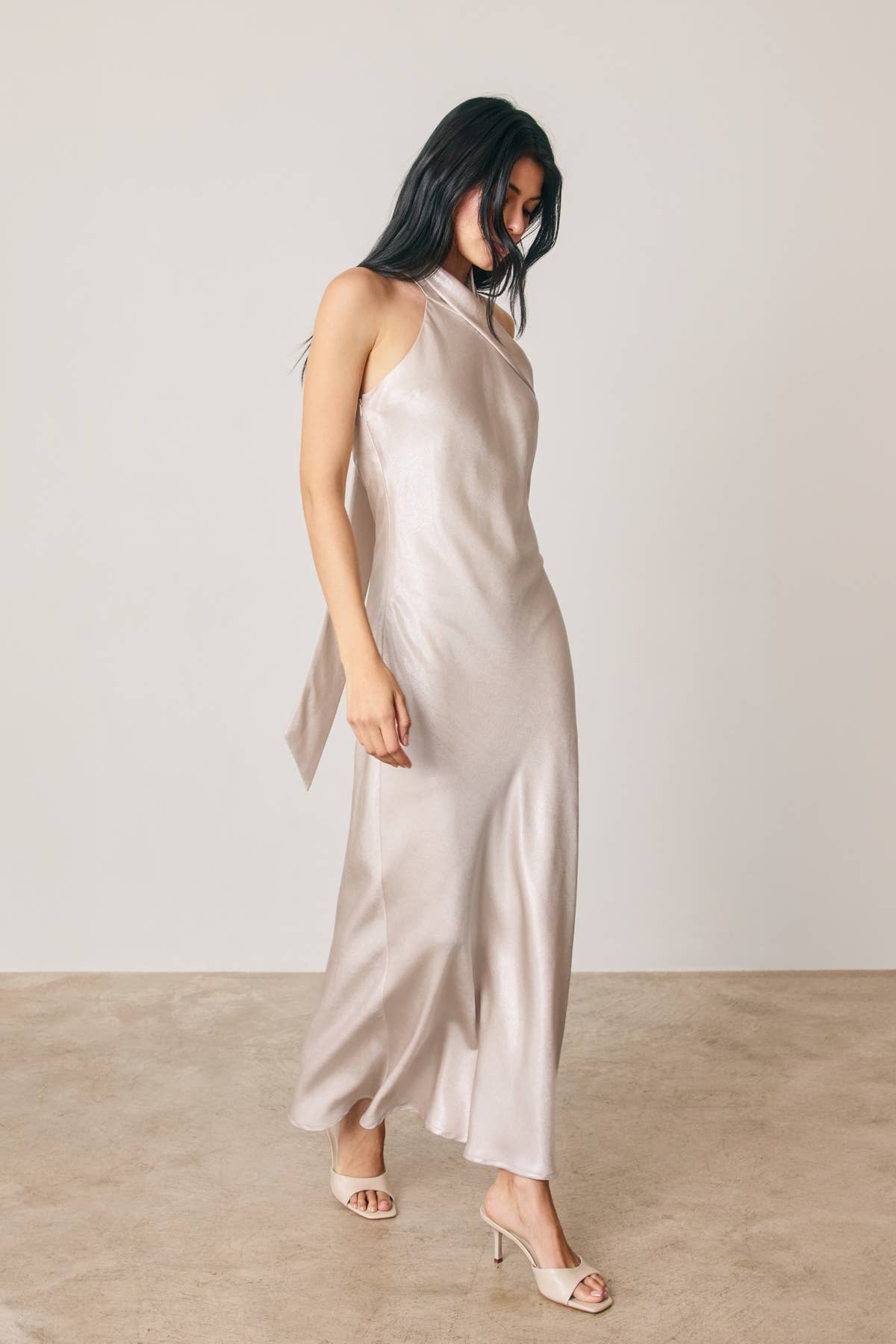 Metallic Foil Halter Neck Midi Dress: