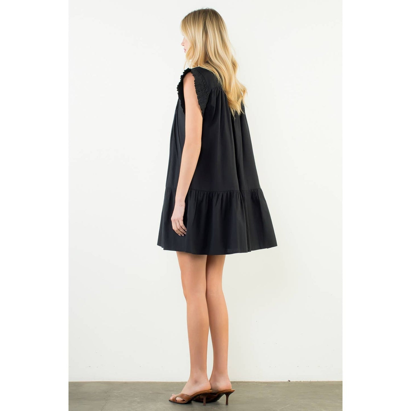 Pleated Split Neck Bow Detail Dress