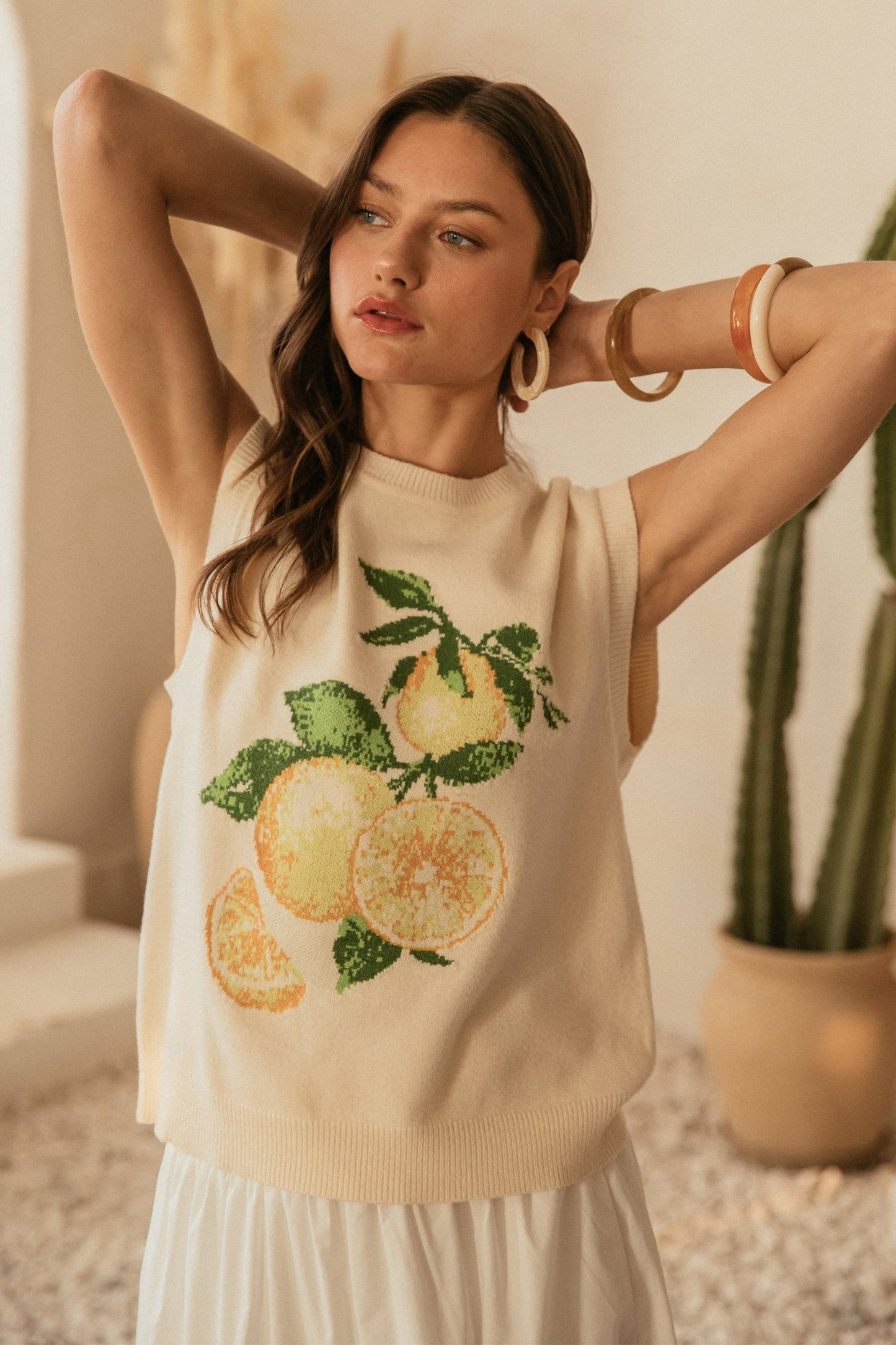 Lemon Intarsia Knit Sweater Top