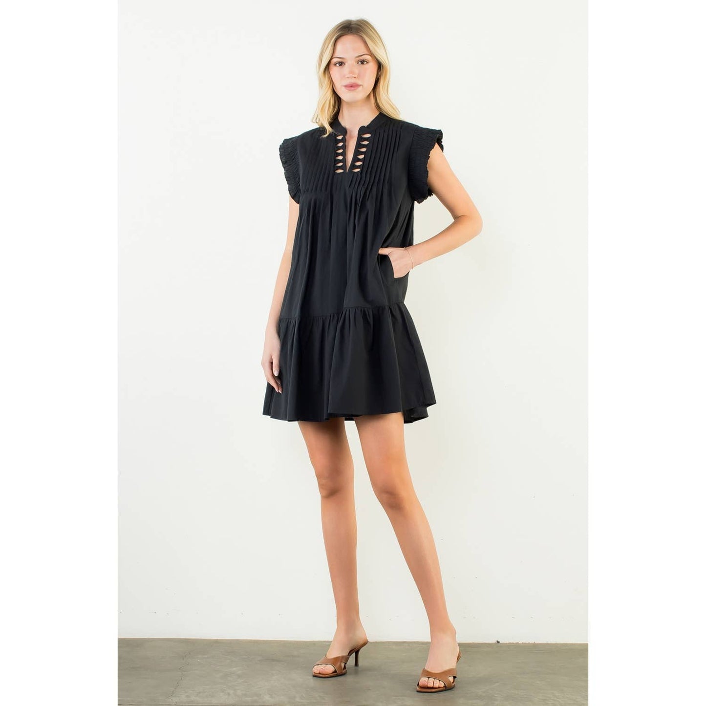Pleated Split Neck Bow Detail Dress