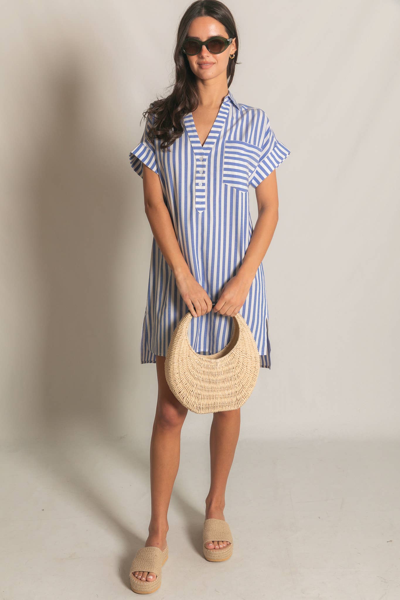 Stripe Short Sleeve Shirt Mini Dress