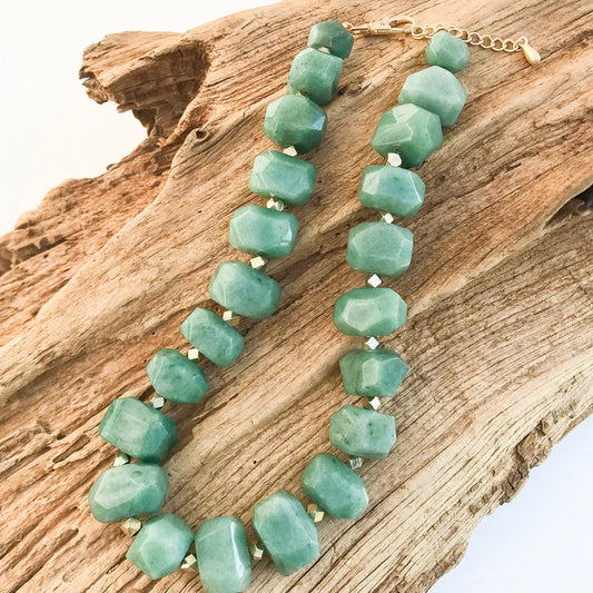 Green Chunk Statement Brass Necklace