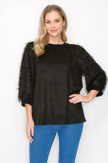 Suede and Feathered Sleeves Top