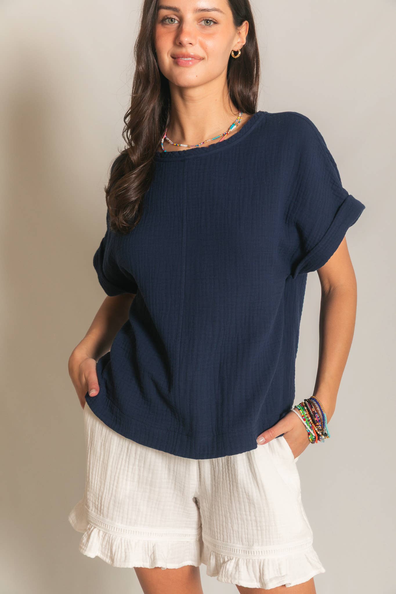 Cotton Gauze Capped Sleeve Top