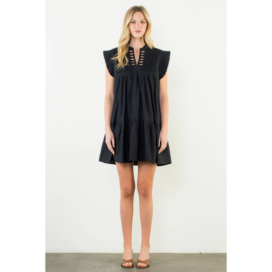 Pleated Split Neck Bow Detail Dress