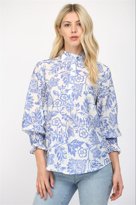 Blue and White Floral Blouse