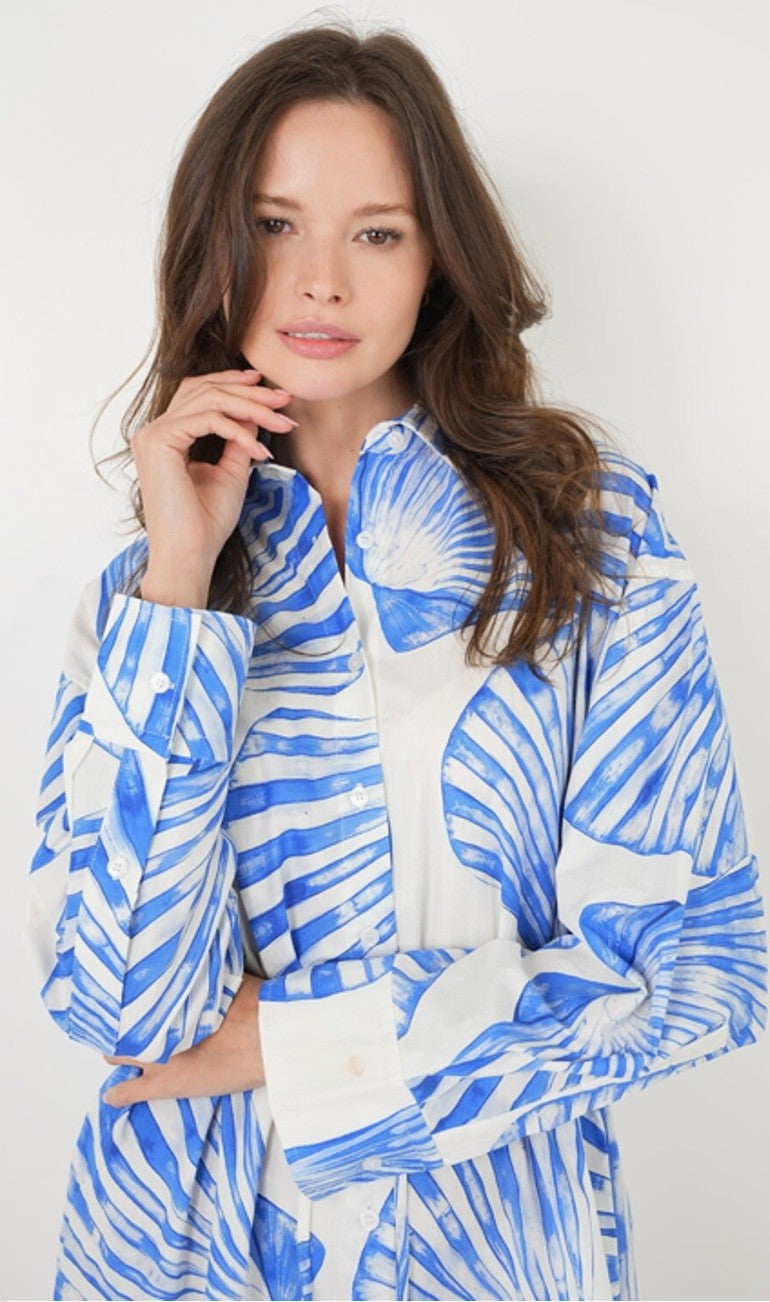 Blue and White Shell Print Dress