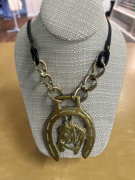 Horse Shoe and Horse Medallion with Leather Necklace