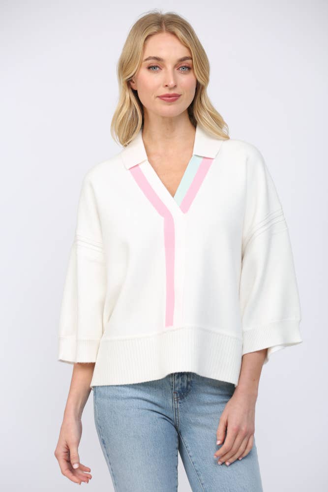 Striped V Neckline 3/4 Sleeve Sweater