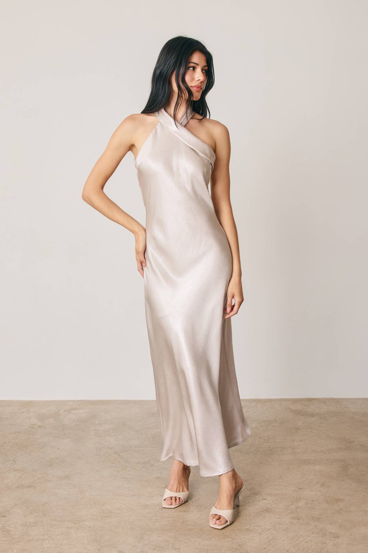 Metallic Foil Halter Neck Midi Dress: