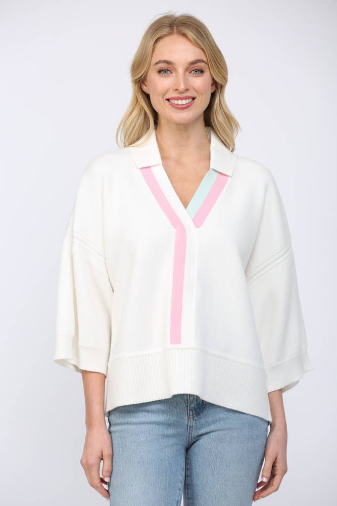 Striped V Neckline 3/4 Sleeve Sweater