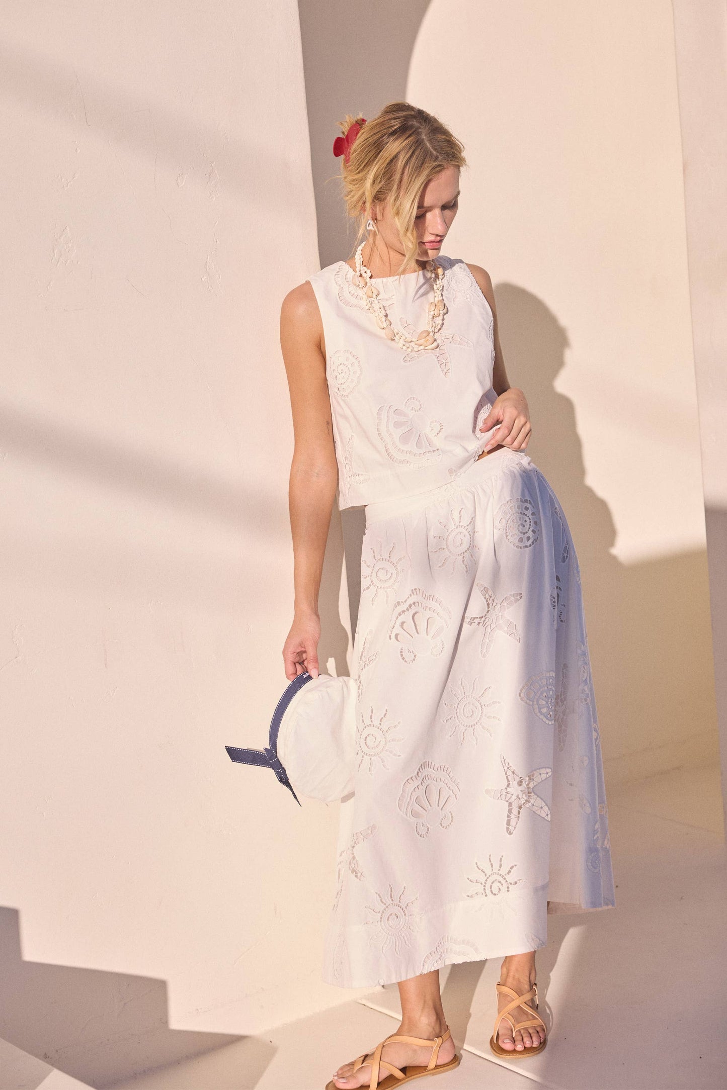 Coastal Eyelet Lace Midi Skirt