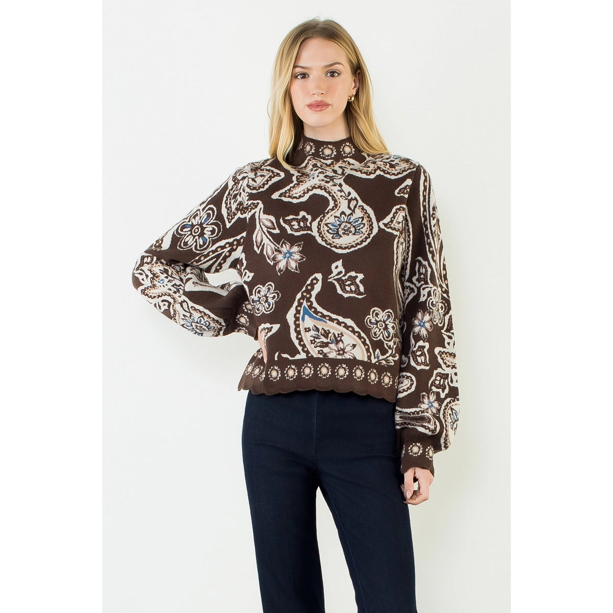 Pattern Sweater with Scallop Detail