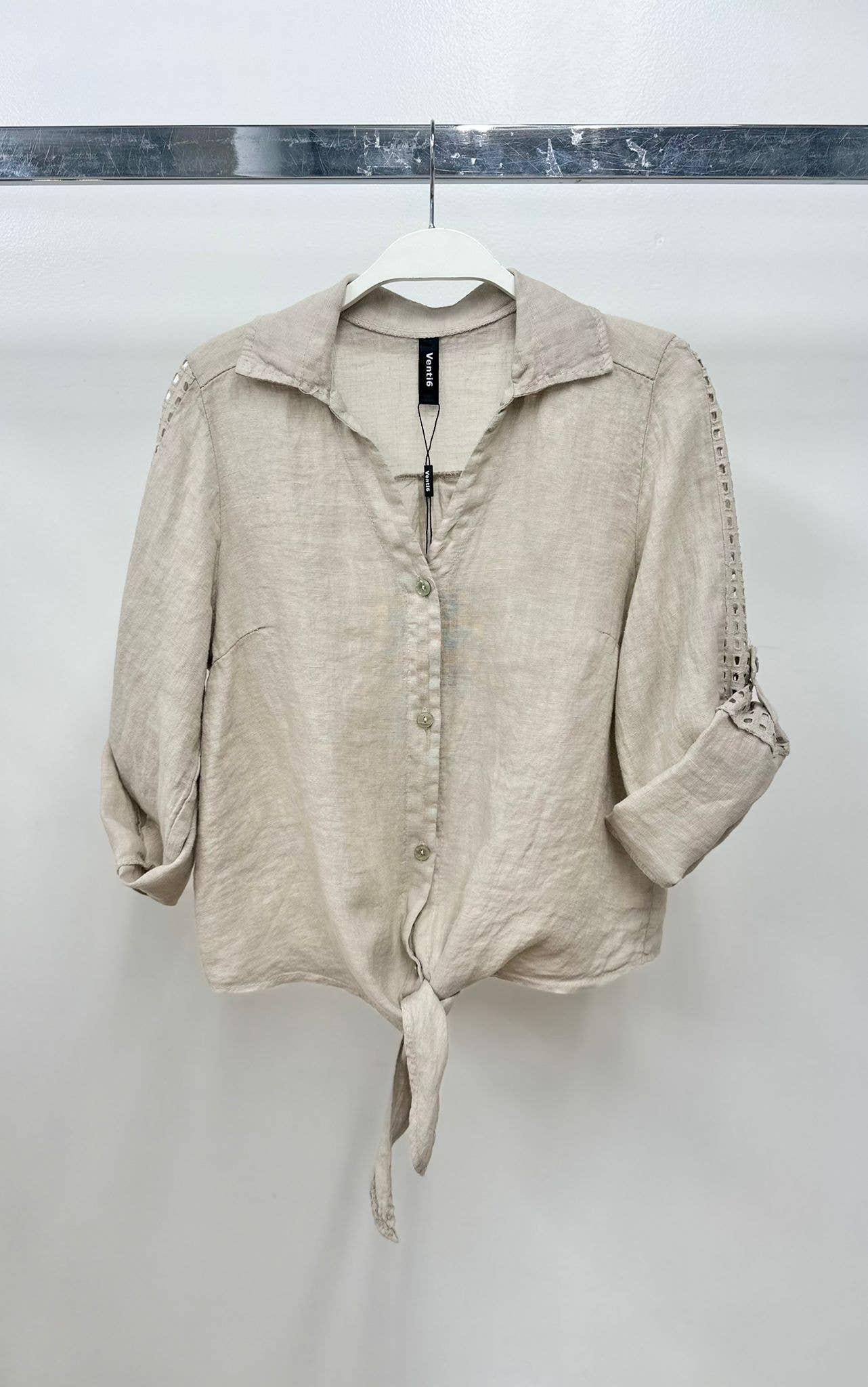 Eyelet Roll Up Sleeve Button Tie Top