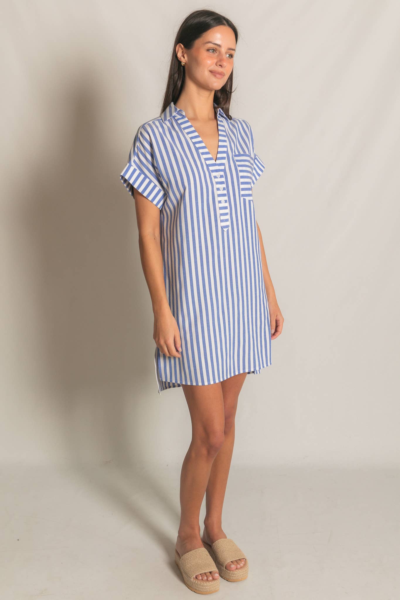 Stripe Short Sleeve Shirt Mini Dress