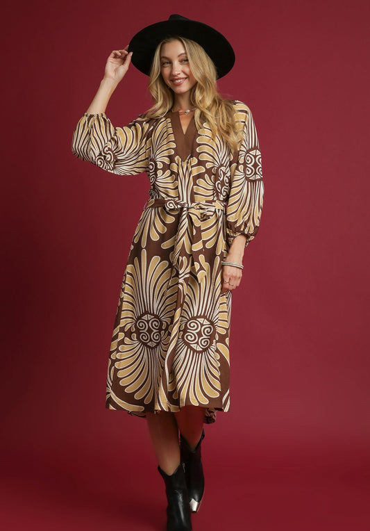 Brown and Cream Print Dress