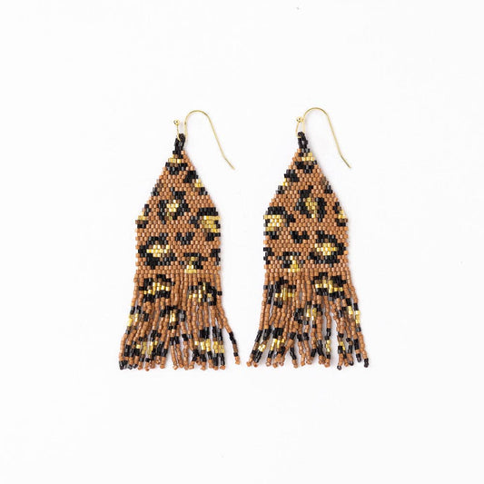 Mocha Cheetah Print Beaded Fringe Earrings