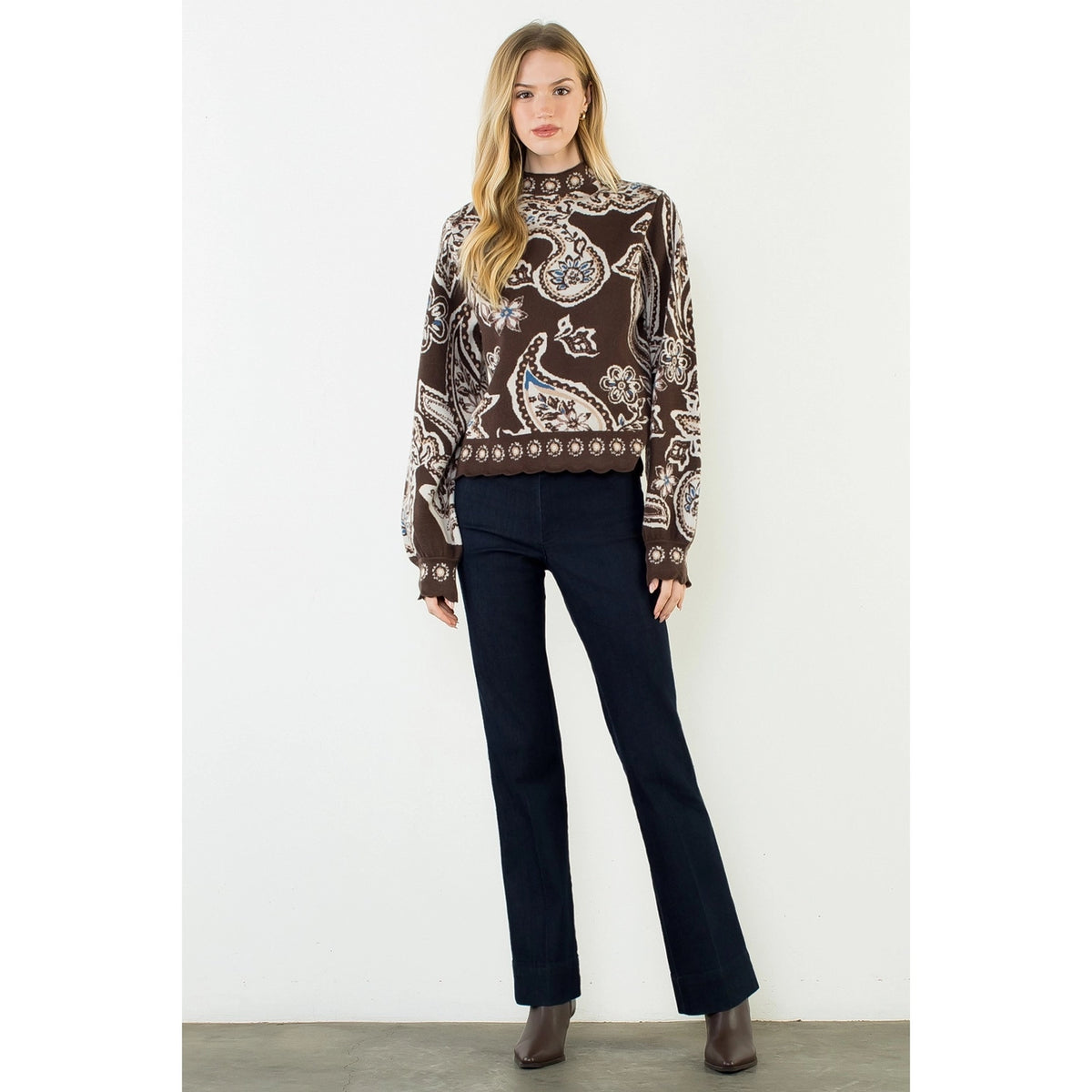 Pattern Sweater with Scallop Detail