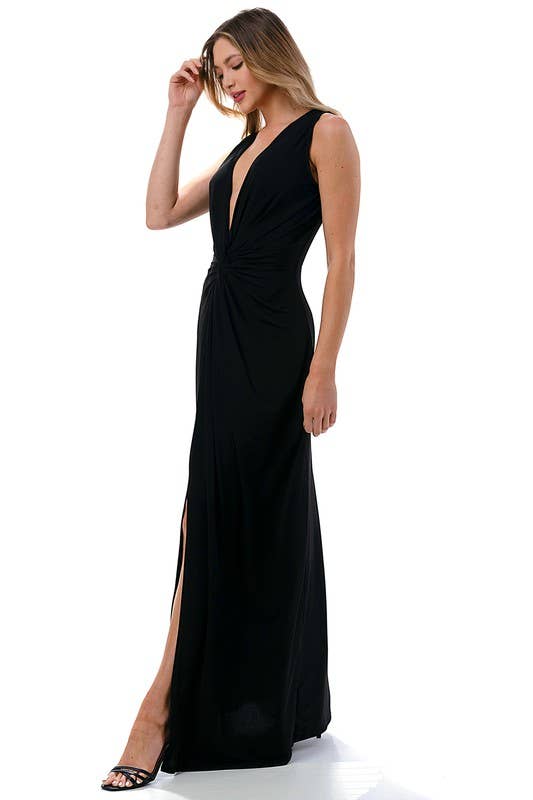 Plunging Neckline Twisted Front Maxi Dress
