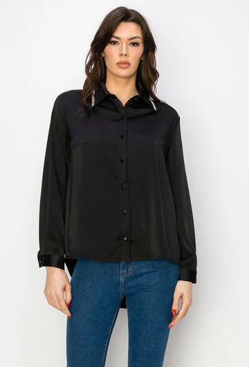 Wileene Satin top with Diamond trim collar