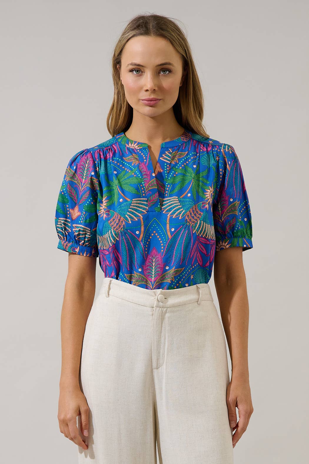 Yori Tropical Neli Split Neck Top