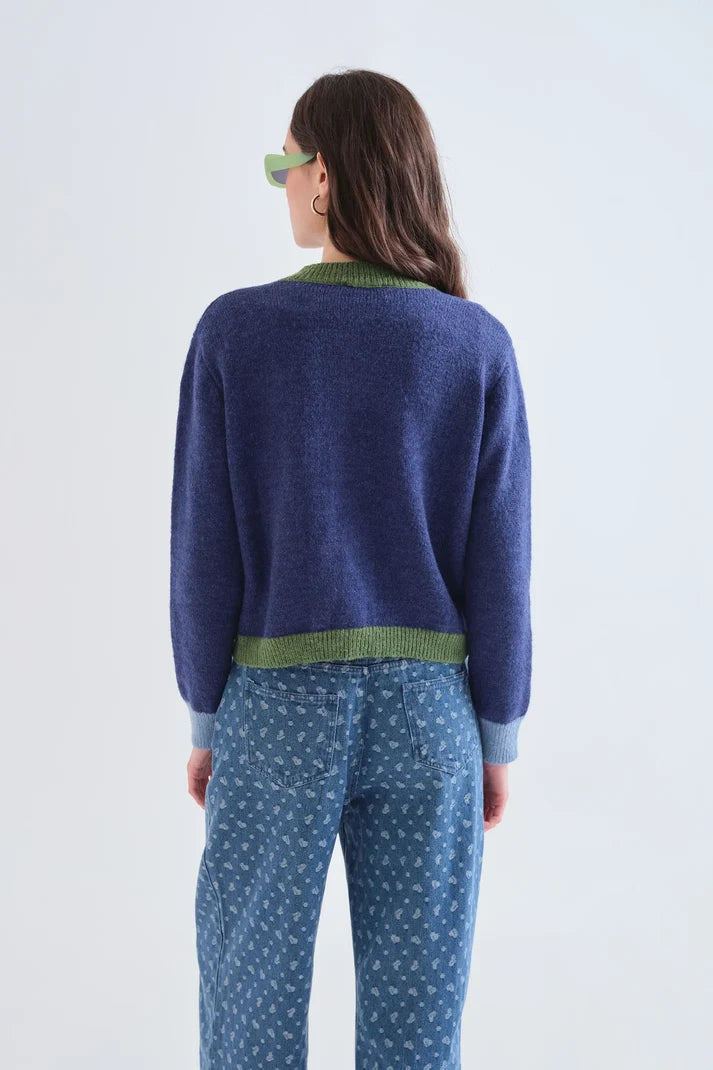 Blue and green two-tone knit cardigan