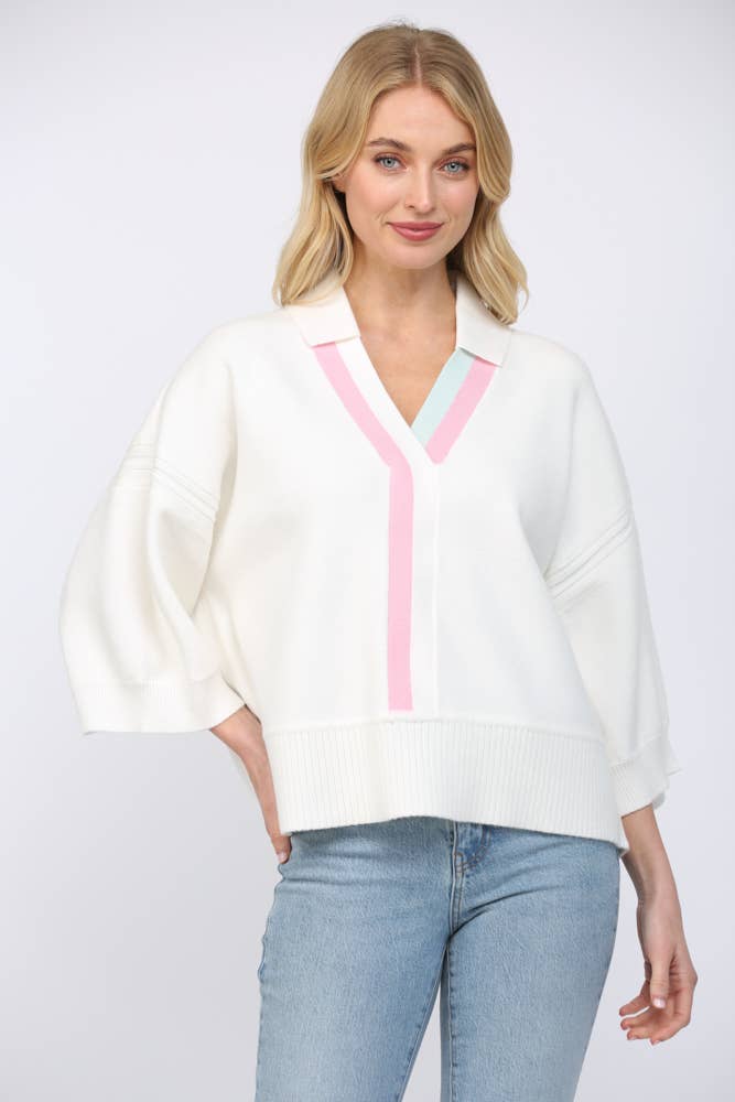 Striped V Neckline 3/4 Sleeve Sweater