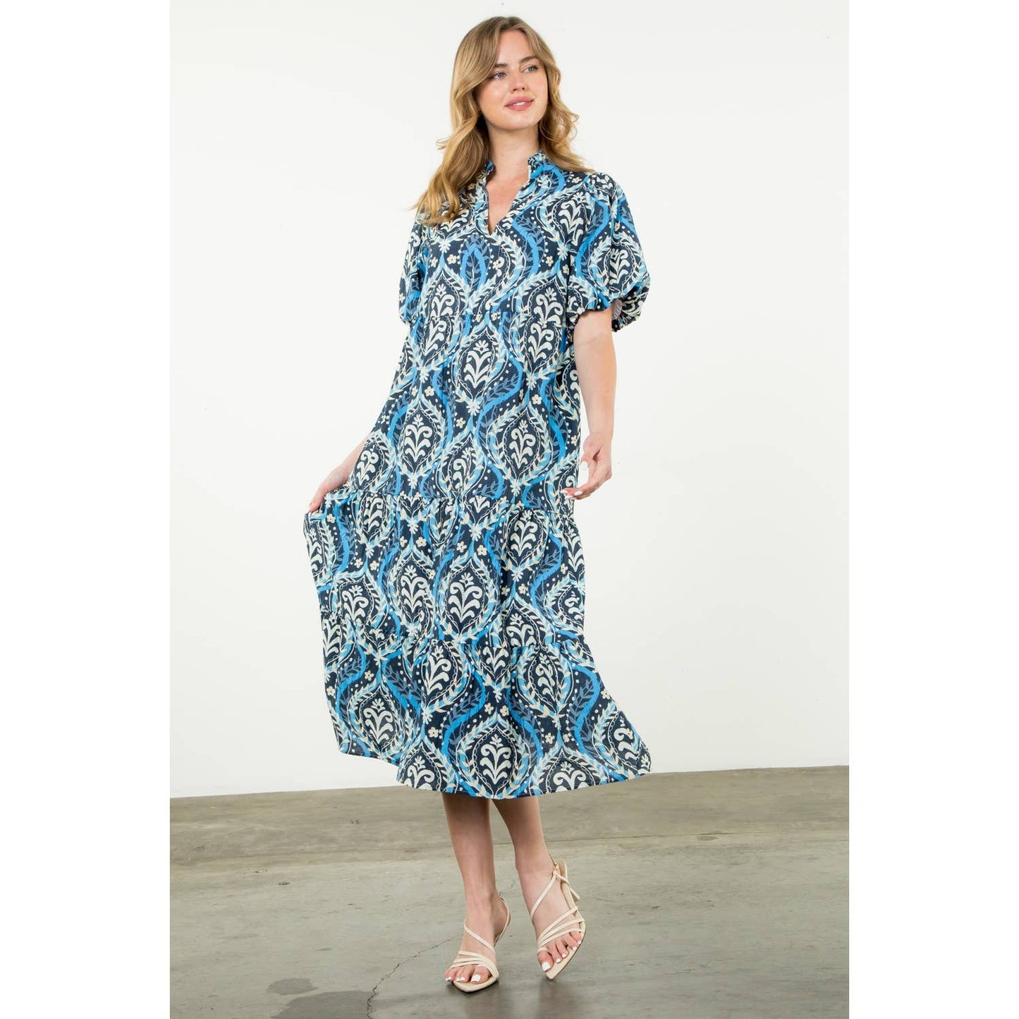 Puff Sleeve Tiered Print Dress