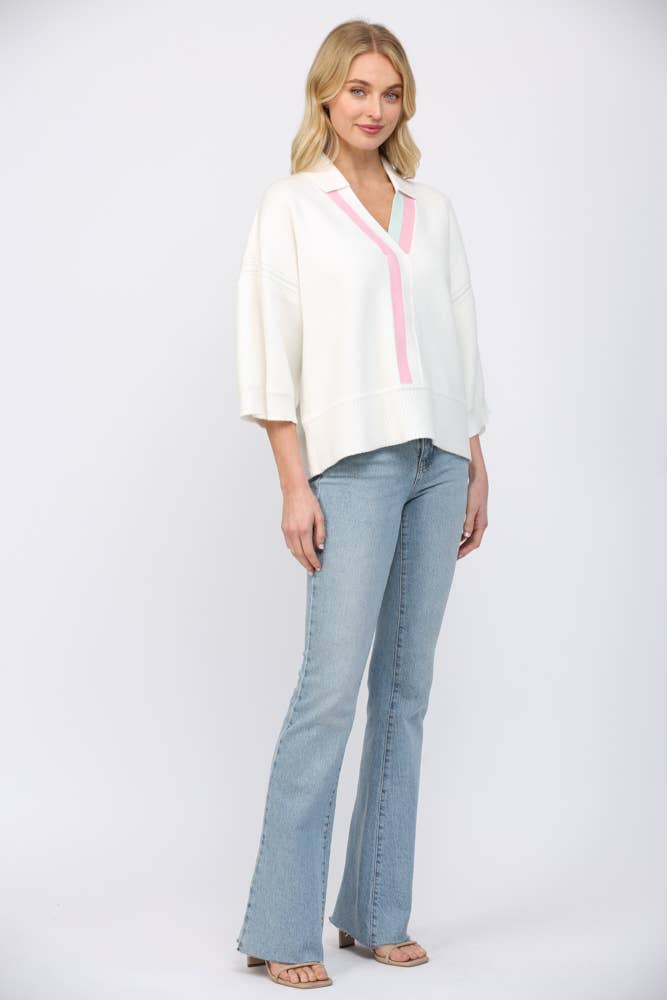 Striped V Neckline 3/4 Sleeve Sweater