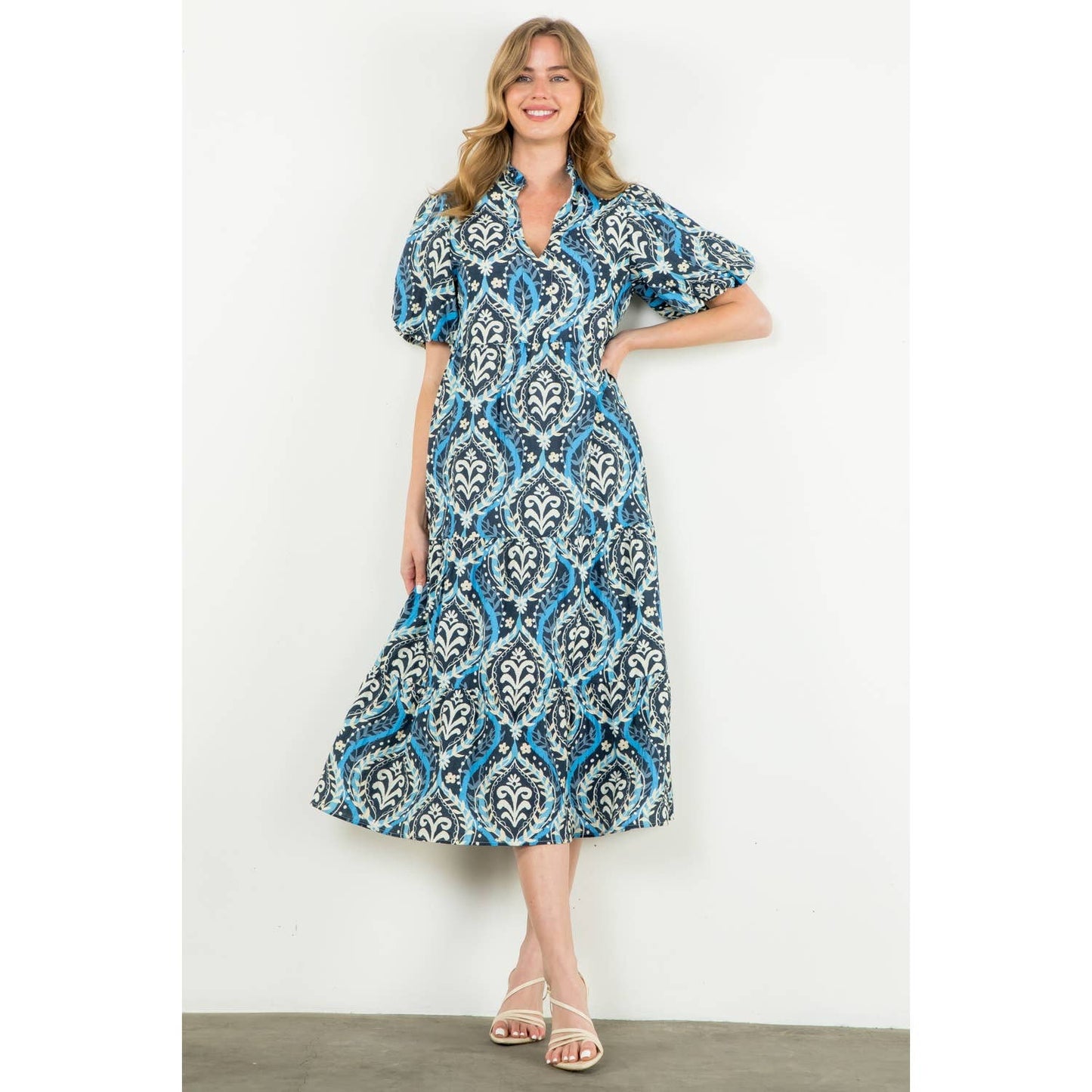 Puff Sleeve Tiered Print Dress