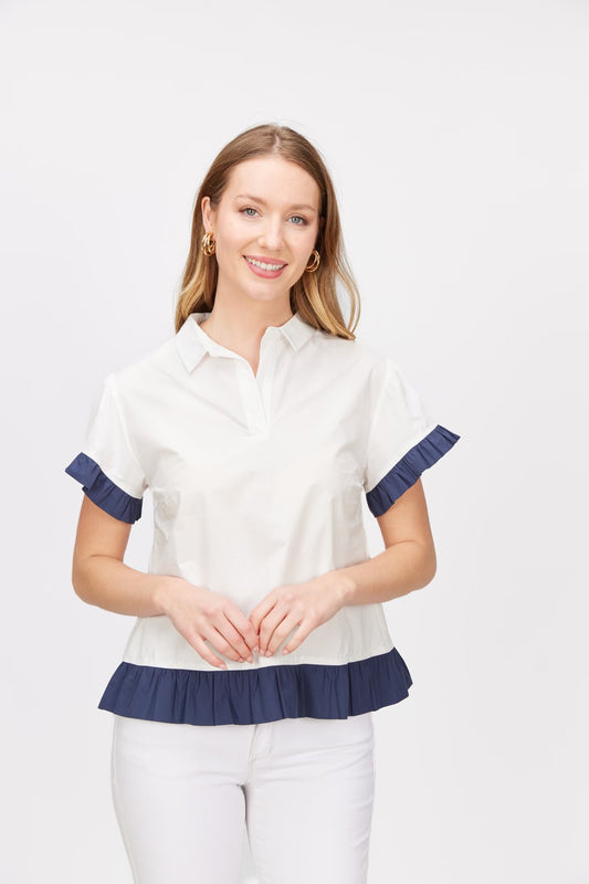 Poplin Short Sleeve Flutter Blouse