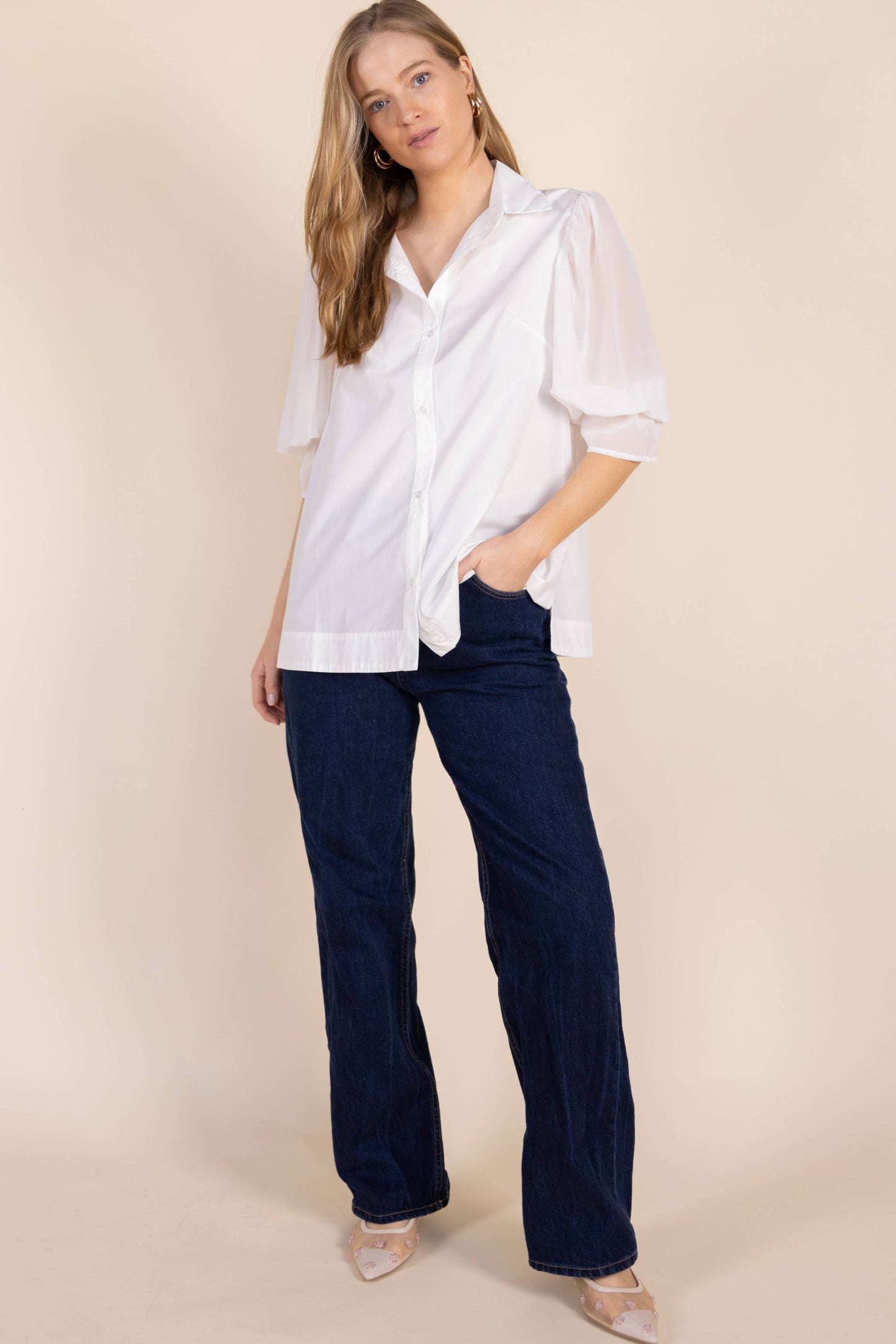 Poplin Button Up Shirt with Chiffon Sleeve