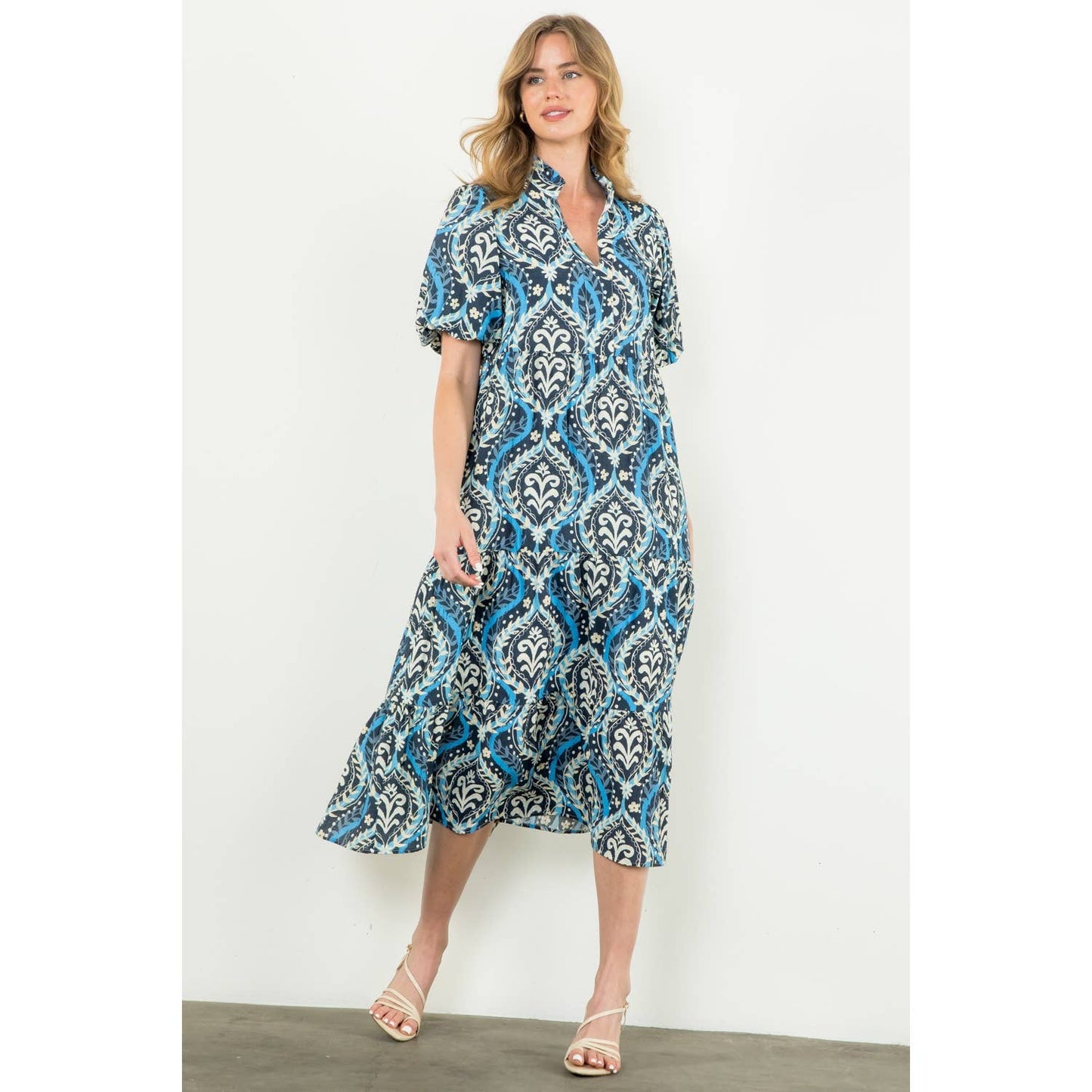 Puff Sleeve Tiered Print Dress