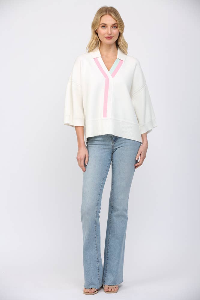 Striped V Neckline 3/4 Sleeve Sweater