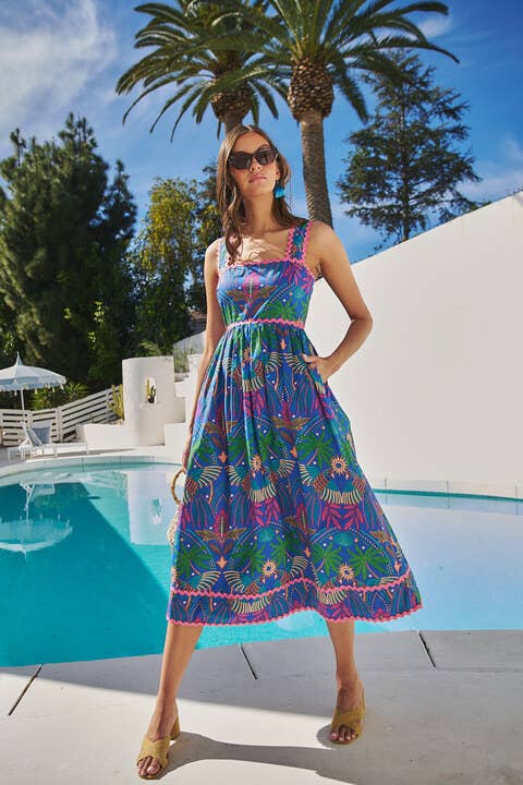 Yori Tropical Rulley Pleated Midi Dress