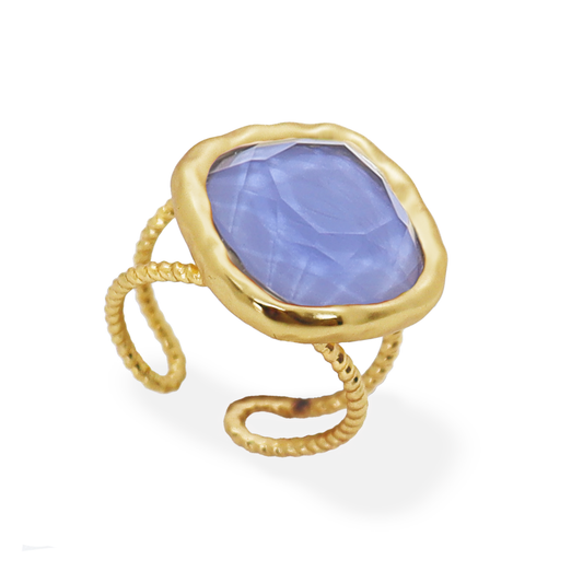 Bezel Iridescent Glass Ring - 24K Gold Plated: Soft Denim Blue