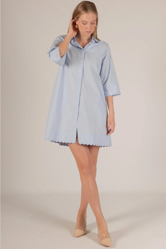 Blue Poplin Scalloped Dress