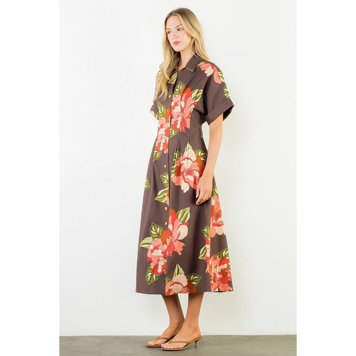 Brown Flower Button Front Dress