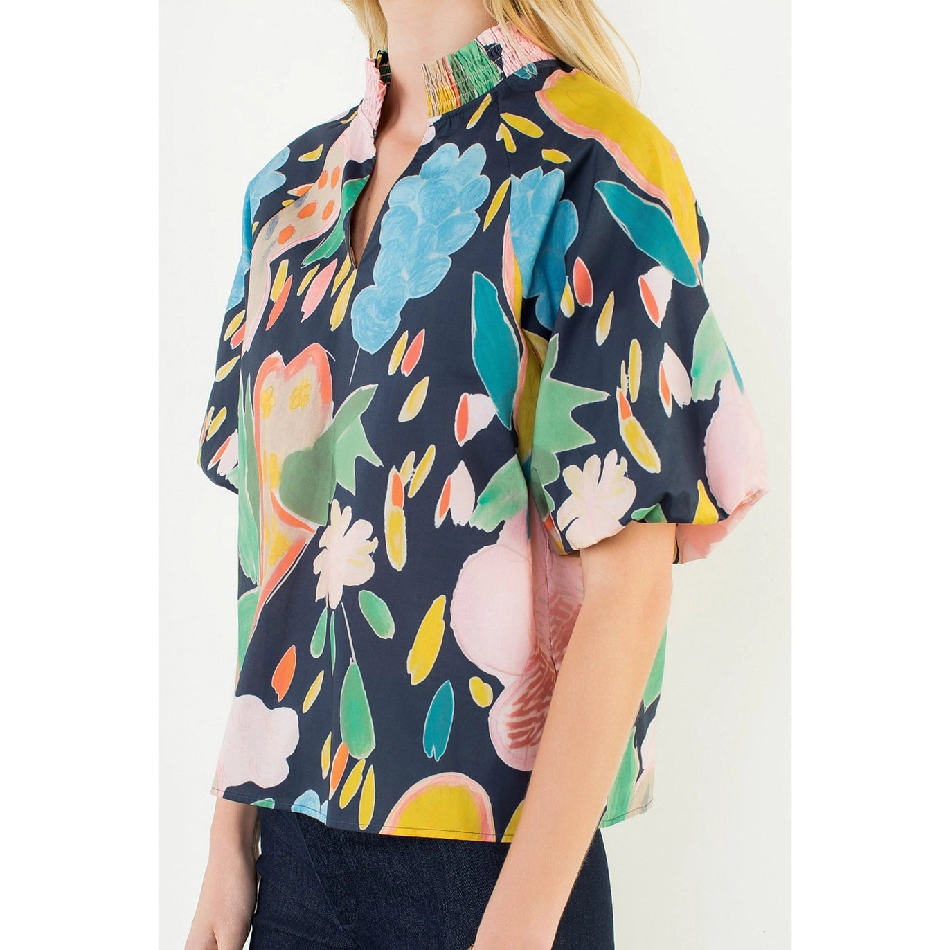 Navy Floral Short Sleeve Top