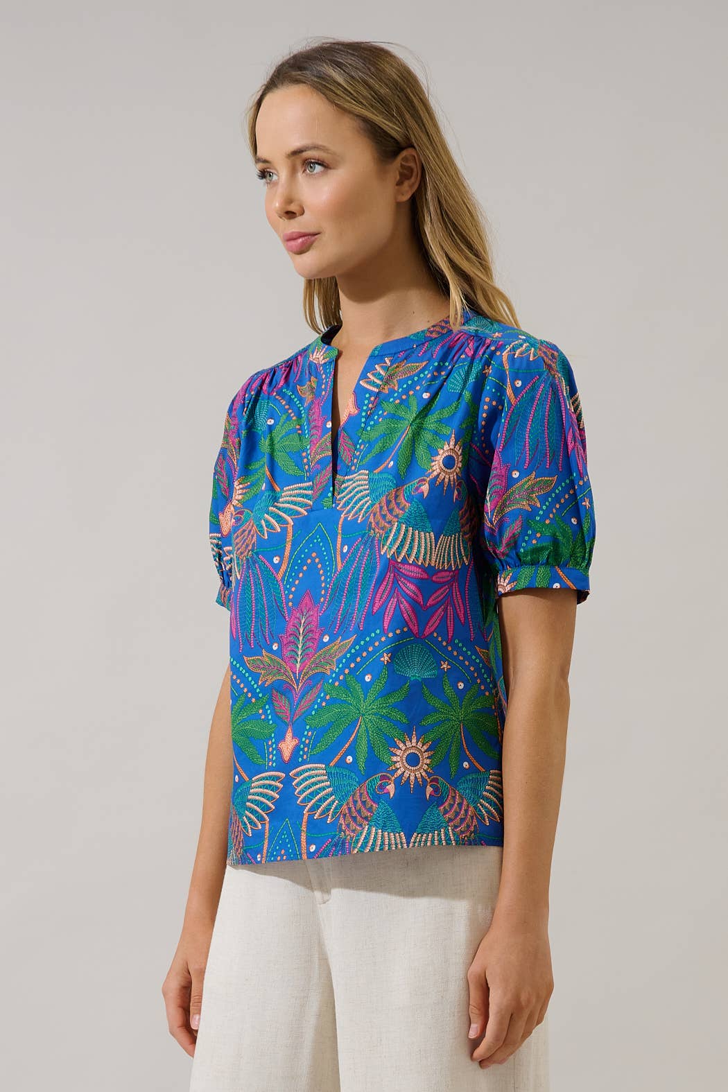 Yori Tropical Neli Split Neck Top