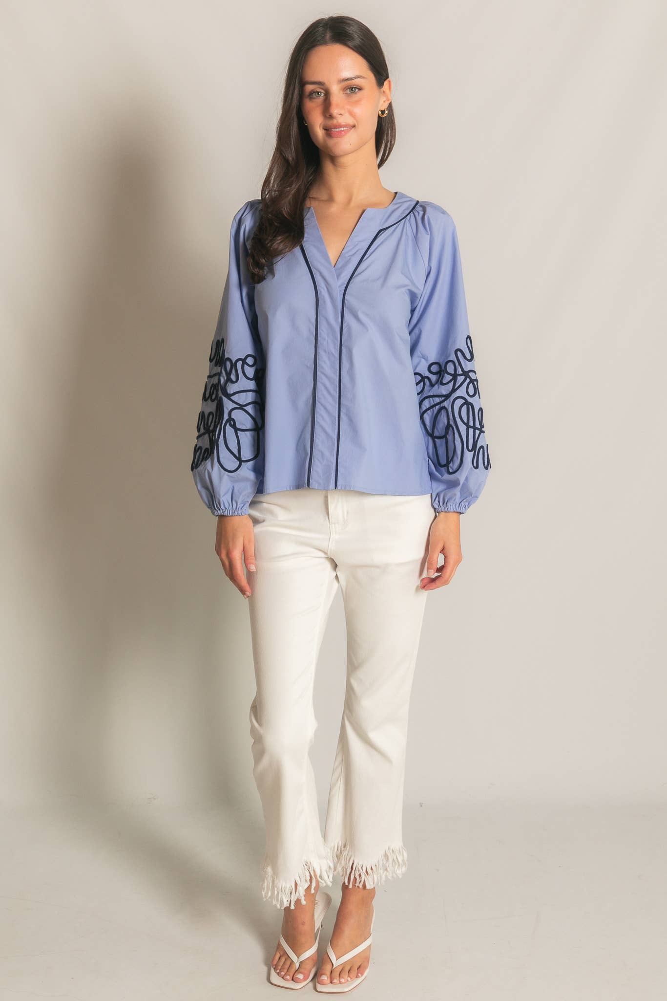 Soutache Embroidered Blouse: Lt. Blue/ Navy / L