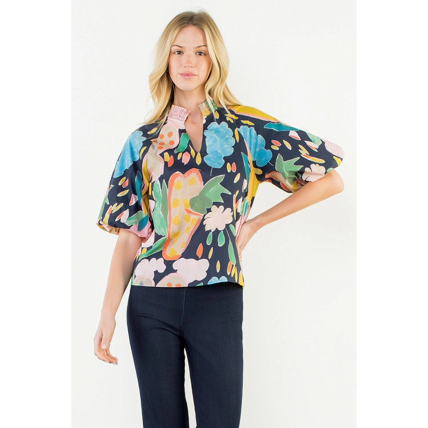 Navy Floral Short Sleeve Top