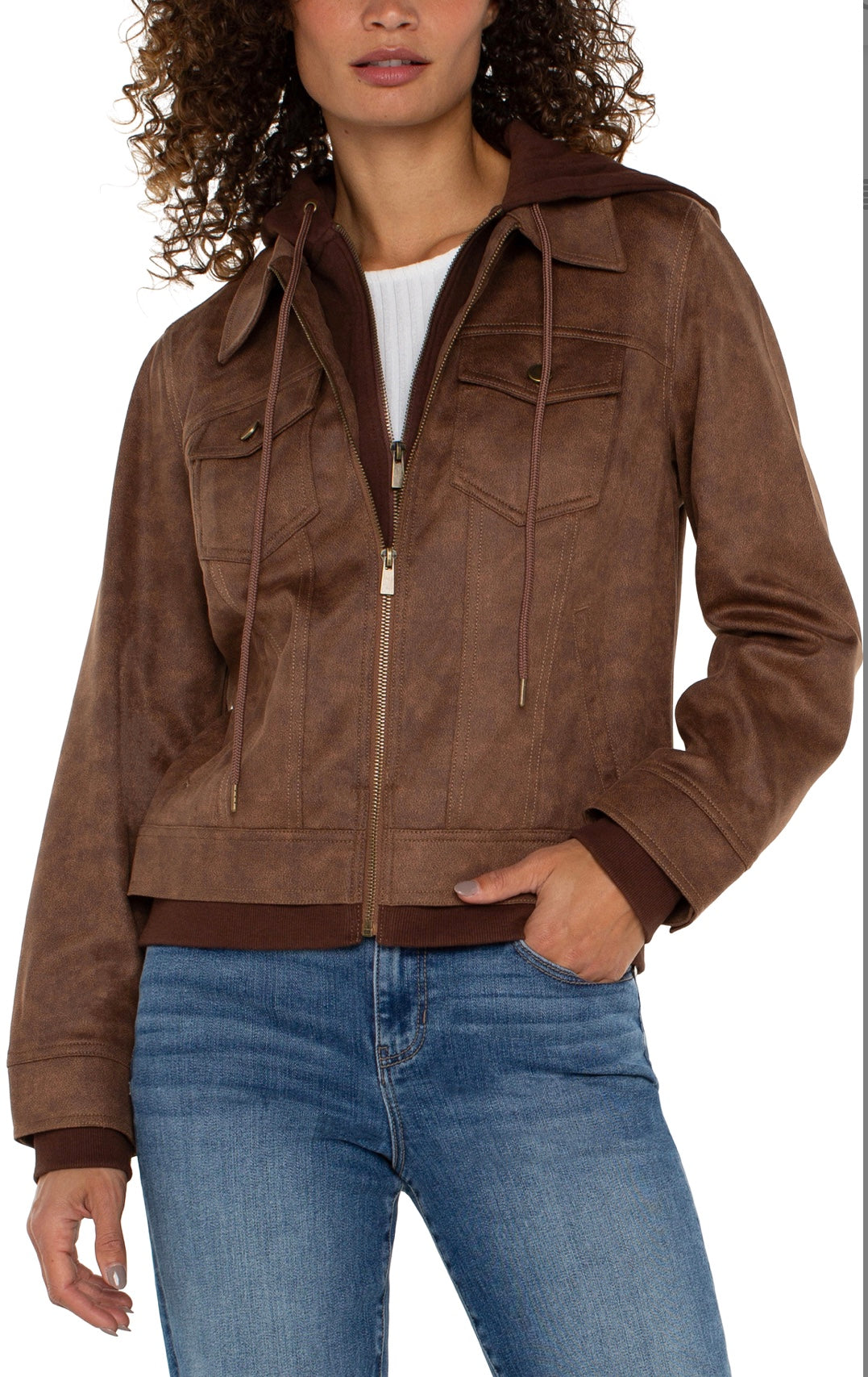 Trucker jacket with removable hood